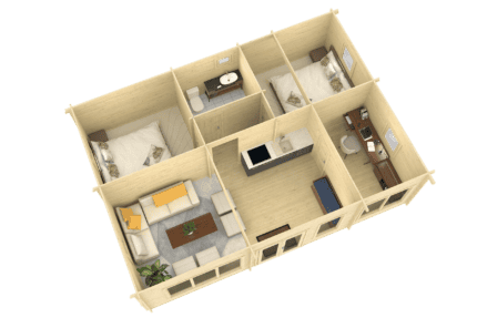Plano de vivienda de 3 habitaciones con distribución moderna y espacios funcionales, ideal para familias.