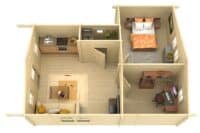 Plano de vivienda de Grupo Tene mostrando sala, cocina, dormitorio y oficina en un diseño compacto y funcional.