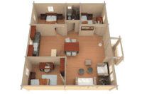 Plano de vivienda moderna con 3 habitaciones, sala de estar, comedor y cocina, ideal para familias.