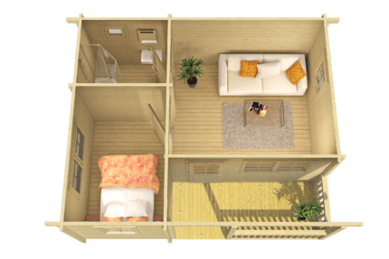 Vista en perspectiva de un apartamento de una habitación con sala, dormitorio y baño, con decoración moderna y suelo de madera clara.