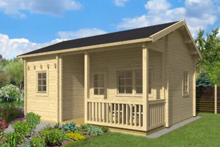 Pequeña casita de madera para jardín con porche, ideal para almacenamiento o espacio adicional, en un entorno exterior con césped y plantas.