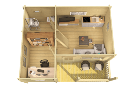 Plano de vivienda de Grupo Tene mostrando distribución de habitaciones y áreas comunes.