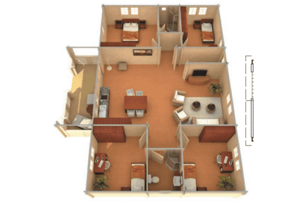 Plano de vivienda en 3D mostrando habitaciones, sala, cocina y baños, ideal para proyectos residenciales de Grupo Tene.