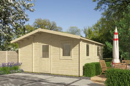 Caseta de madera para jardín con diseño moderno y funcional, ideal para almacenamiento y espacios de ocio en exteriores.
