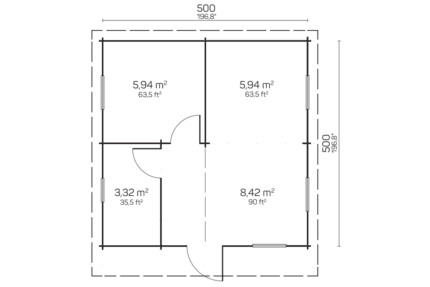 Plano arquitectónico de oficina con áreas de 5.94 m², 3.32 m² y 8.42 m², diseñado para espacios de trabajo eficientes en Grupo Tene.