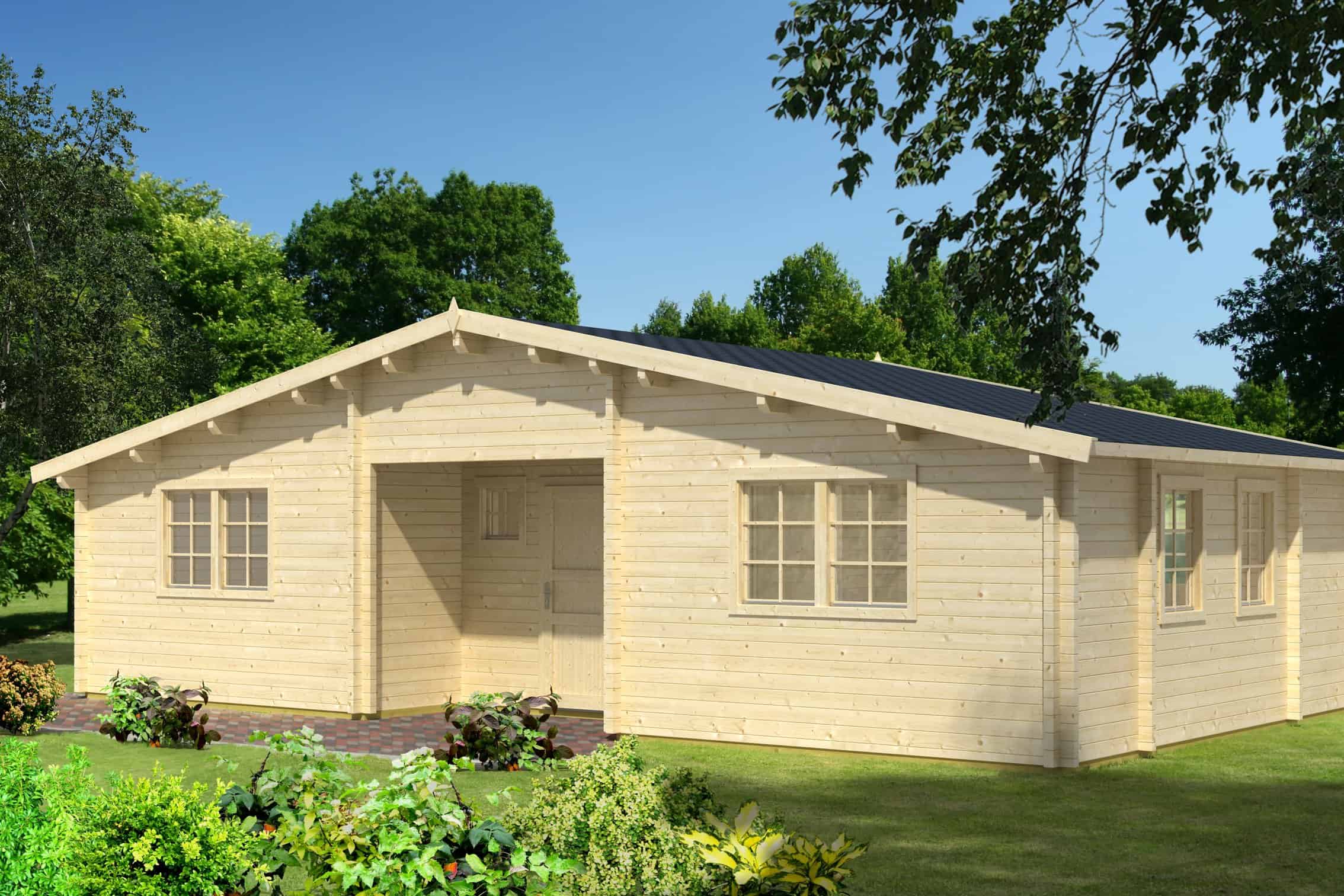 Casa de madera de 59,2 m² - Grupo Tene Casa de madera de 59,2 m² construida por Grupo Tene, ubicada en un entorno natural con jardines y árboles, ideal para viviendas sostenibles y ecológicas.