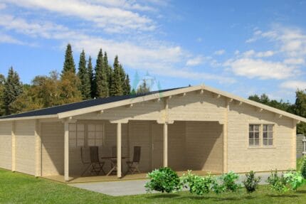 Casa de madera moderna de 85,8 m² de Grupo Tene, con diseño funcional y estructura de madera, ideal para viviendas sostenibles y ecológicas.