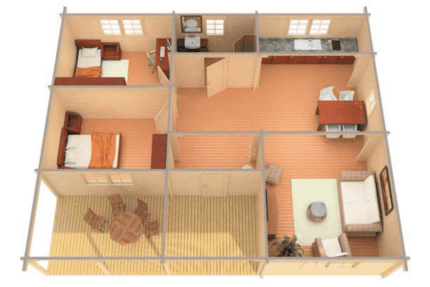Plano de vivienda de Grupo Tene mostrando distribución de habitaciones y espacios interiores.