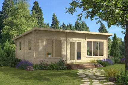 Casa de madera moderna en un entorno natural con jardín y árboles, diseñada por Grupo Tene para viviendas sostenibles y ecológicas.