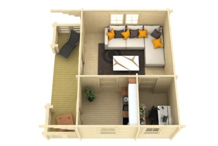 Plano de vivienda moderna con sala, oficina y balcón, ideal para familias pequeñas.