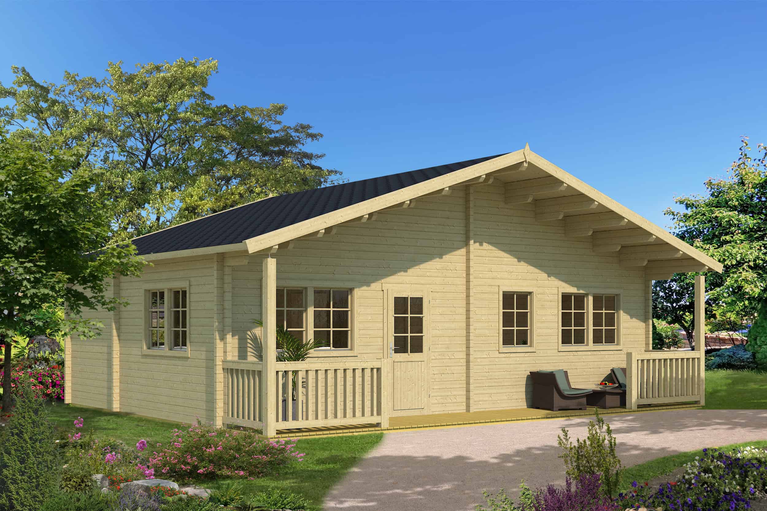 Casa de madera moderna de Grupo Tene Casa de madera moderna con diseño clásico y estructura robusta, ideal para residencias en áreas rurales o urbanas, con amplio porche y ventanas grandes.