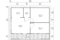 Plano arquitectónico de vivienda con habitaciones y áreas de 10 a 15 m², incluyendo detalles de dimensiones y distribución.