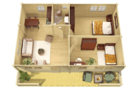 Plano de vivienda de dos habitaciones con sala, cocina, baño y balcón, ideal para familias pequeñas.