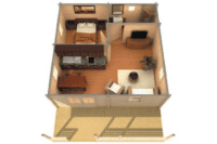 Vista en perspectiva de un plano de vivienda moderna con sala, cocina, dormitorio y baño, diseñada por Grupo Tene para espacios funcionales y confortables.