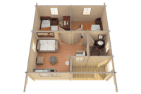 Plano de vivienda de una planta con habitaciones, baño y sala de estar, ideal para proyectos residenciales.