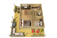Vista en perspectiva de un plano de vivienda moderna con sala, cocina, comedor, dos habitaciones y un balcón con muebles y plantas.