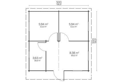 Plano arquitectónico de una vivienda de Grupo Tene mostrando distribución de habitaciones y dimensiones en metros cuadrados.