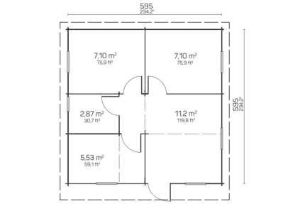 Plano arquitectónico de oficina de Grupo Tene mostrando distribución de habitaciones y dimensiones en metros cuadrados.