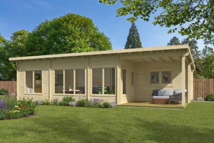 Casa de madera moderna en jardín con amplio espacio exterior y mobiliario cómodo, ideal para relajarse y disfrutar del entorno natural.