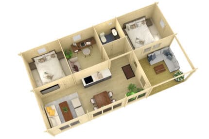 Plano de vivienda de Grupo Tene mostrando distribución de habitaciones y áreas comunes en una casa moderna.