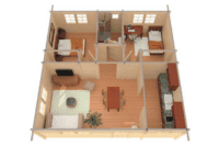 Plano de vivienda de Grupo Tene mostrando distribución de habitaciones, sala, cocina y baño en una casa moderna de madera.