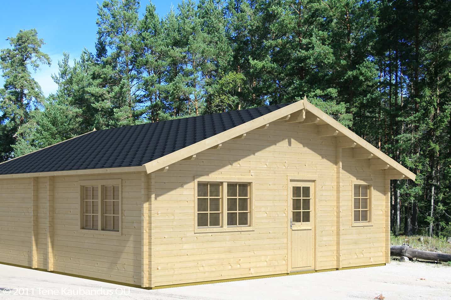 Casa de madera de 51,8 m² de Grupo Tene Casa de madera de 51,8 m² construida por Grupo Tene, con estructura de madera y techo a dos aguas, ubicada en un entorno natural con árboles.