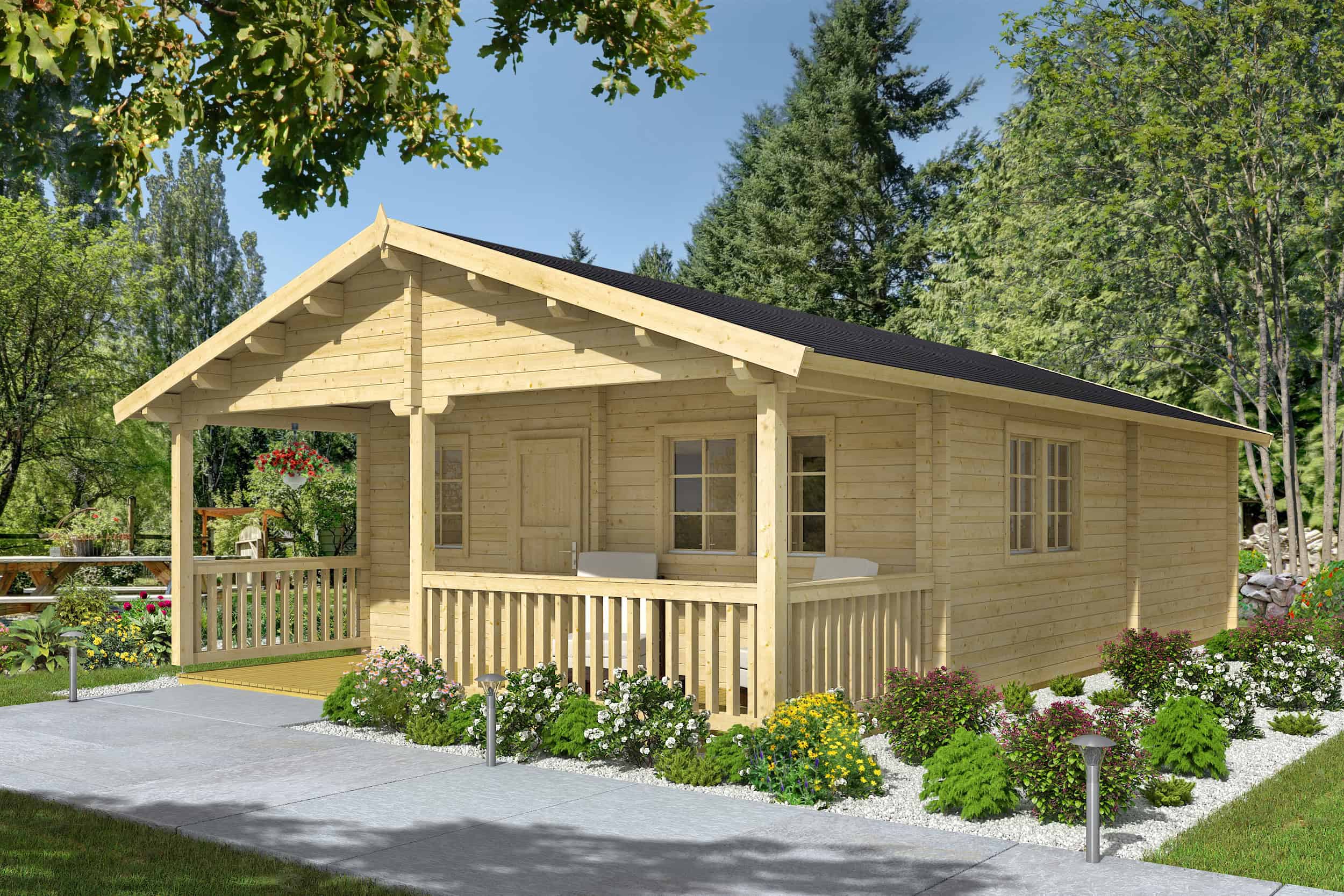 Casa de madera de 47,5 m² en Toledo Casa de madera de 47,5 m² construida por Grupo Tene, ubicada en un entorno natural con árboles y jardín, ideal para viviendas sostenibles y ecológicas.