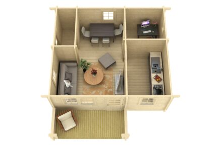 Plano de vivienda de Grupo Tene mostrando distribución de habitaciones, sala, cocina y balcón en una estructura de madera.