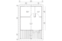 Plano arquitectónico detallado de una estructura de Grupo Tene, mostrando dimensiones y distribución de espacios internos y externos.
