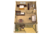Vista en perspectiva de un plano de vivienda de una planta con sala, cocina, baño, dormitorio y balcón.