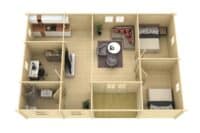 Plano de vivienda de Grupo Tene mostrando distribución de habitaciones y áreas comunes en una casa moderna.