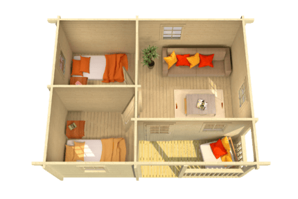 Plano de casa de madera con 3 habitaciones, sala, cocina y baño, diseño interior moderno y acogedor.