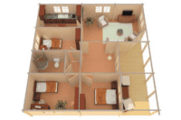 Plano de vivienda de Grupo Tene mostrando distribución de habitaciones, sala, cocina y baño en un diseño 3D.